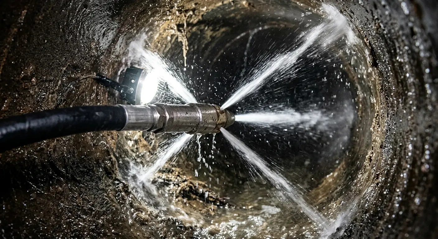 High-pressure hydro jetting nozzle cleaning sewer pipe for Trenchless Sewer Repair in Ocala