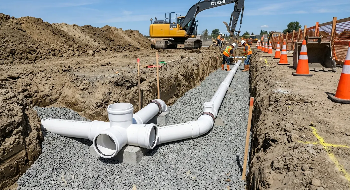 New PVC sewer pipe installation in open trench for Sewer Backup in Ocala