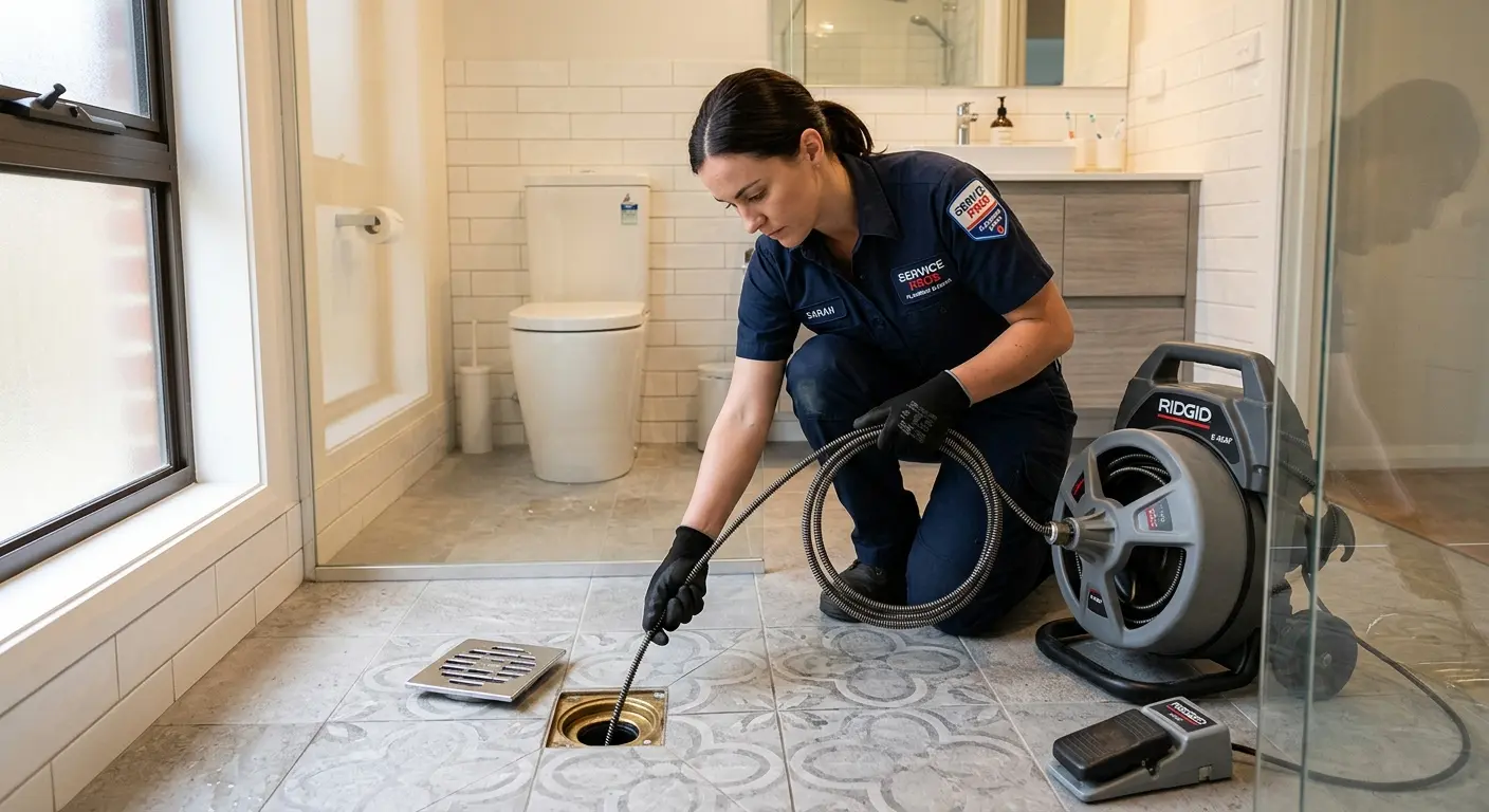 Technician clearing a bathroom floor drain for Drain Cleaning in Ocala
